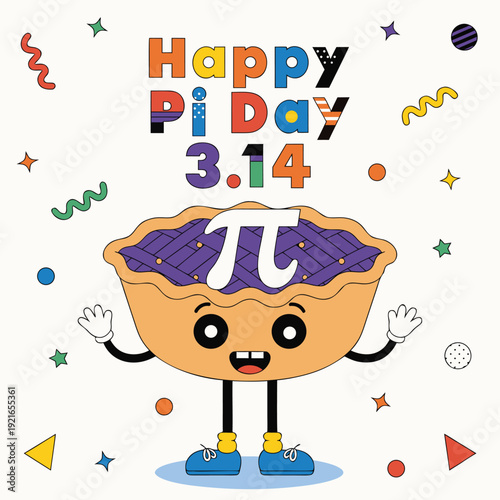 Cute cartoon pie character celebrating happy pi day 3.14, surrounded by colorful confetti and geometric shapes