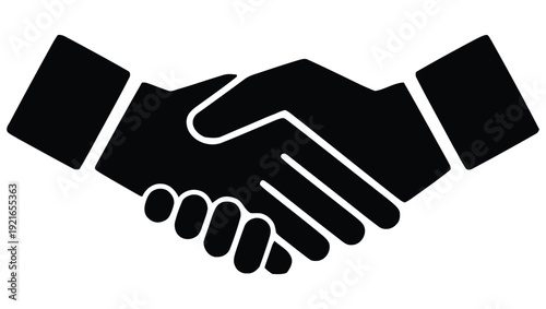 A simple black silhouette depicts two hands firmly shaking in agreement