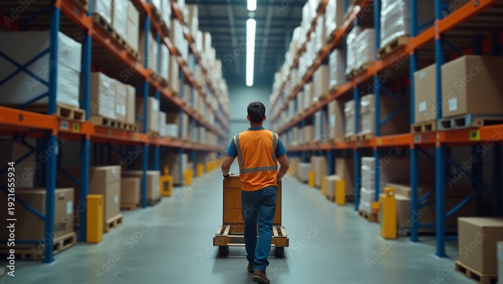 Obraz premium warehouse worker efficiently managing inventory on a pallet jack in a well-organized storage facility with shelves stocked with cardboard boxes and shipping supplies.