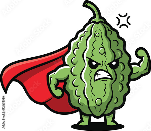 Angry pickle superhero with red cape flexing muscle