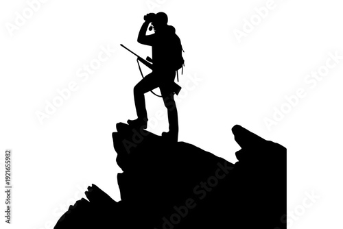 Hunter with Binoculars on Mountain Ridge Silhouette Vector for Scouting and Wilderness Tracking Concept