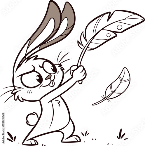 Cartoon rabbit playfully fights with feathers in hand