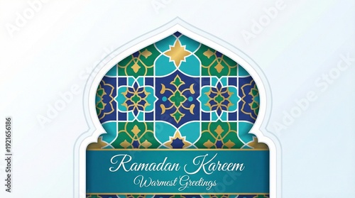 Colorful Arabic Ornamental Tiles Seen Through White Mosque Window for Ramadan Kareem Greeting Card