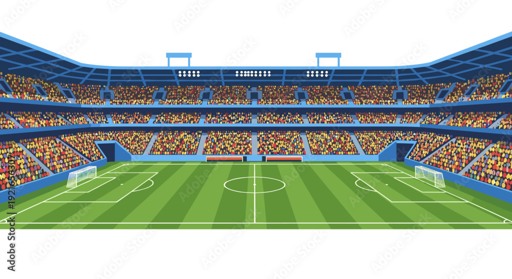 Obraz premium Large football stadium with green field and cheering crowd