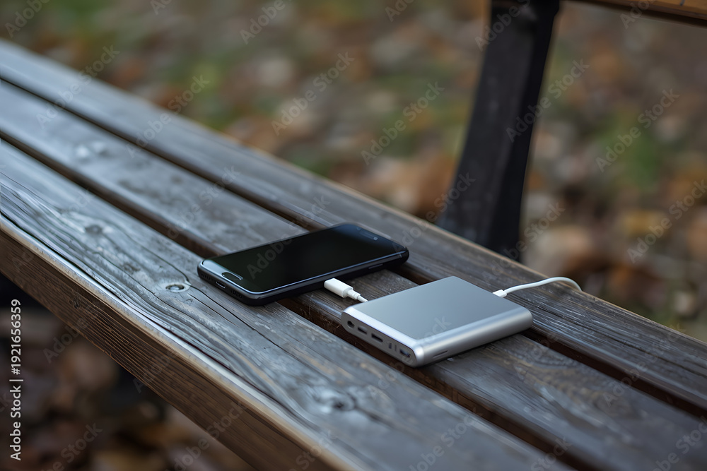 Fototapeta premium Charging Phone Using Power Bank Outdoors