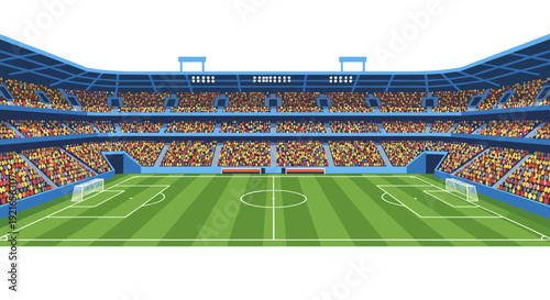 Large football stadium with green field and cheering crowd