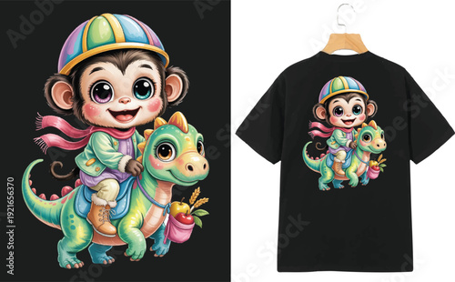 doll monkey on a dino,  silhouette t shirt design. vector for print. 
