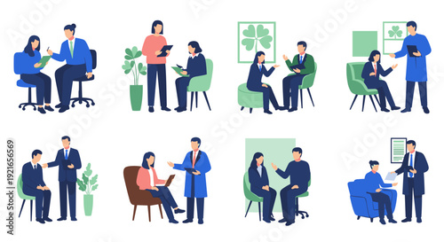 Business professionals in various consultation and meeting scenarios