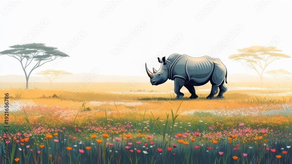 Fototapeta premium A large rhino walks across a vibrant, flowered savanna with sparse trees under a bright sky