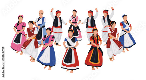 Indian folk dancers performing in traditional colorful costumes