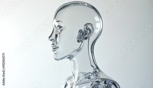 Transparent acrylic female mannequin head and shoulders profile. Futuristic design on white background. Clean, modern, abstract, science concept. Clear body form.