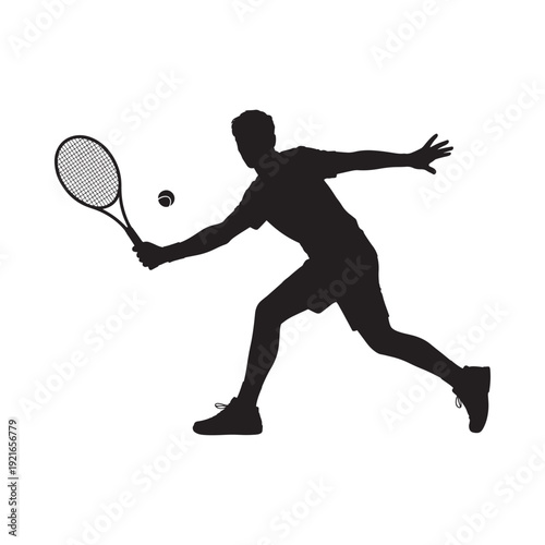Silhouette of a tennis player in mid swing hitting a ball