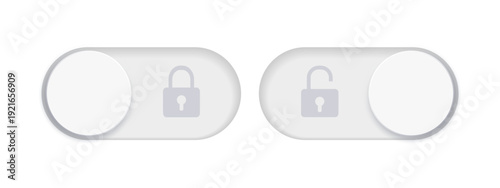 Neumorphic toggle switches with lock and unlock icons. Symbol of security, privacy. Access control settings