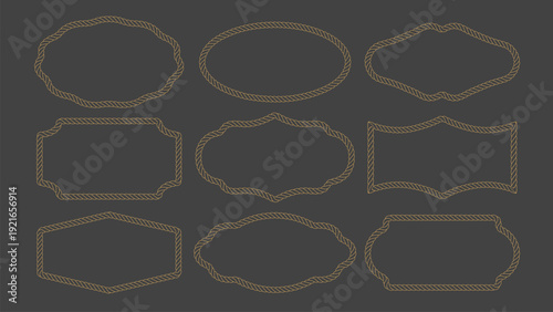 Golden rope frame set. Vintage labels with ornamental outlines. Decorative frames, borders, design elements