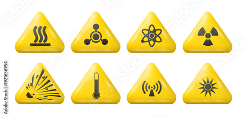 Yellow 3D hazard warning icons set with industrial symbols. Heat, radiation, explosion, laser and signal alerts