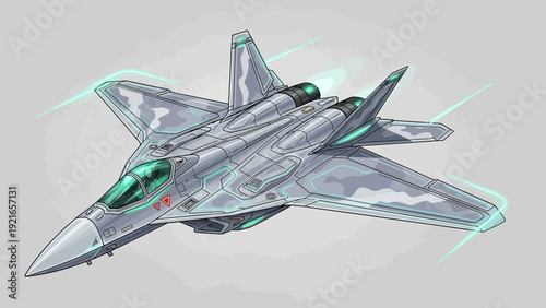 A detailed, futuristic fighter jet with glowing blue accents and camouflage.