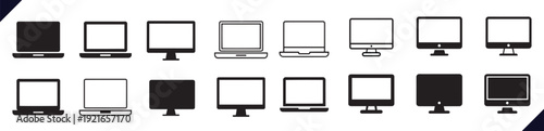 Computer Monitor and Laptop Silhouette Icon Set in Flat Vector Style