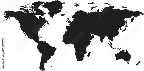 Black Geometric World Map Silhouette Isolated on White, Concept of Global Connection and Travel