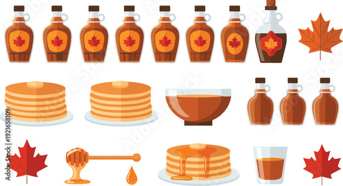 Maple Syrup and Pancake Icon Set with Bottles, Honey Dipper, Leaves, and Breakfast Elements for Food Packaging, Menus, and Culinary Vector Designs