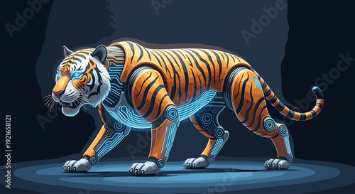 Robotic tiger with glowing blue circuits walking in dark environment