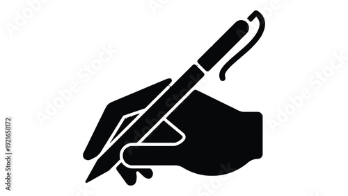 A simple black silhouette depicts a hand holding and using a pen