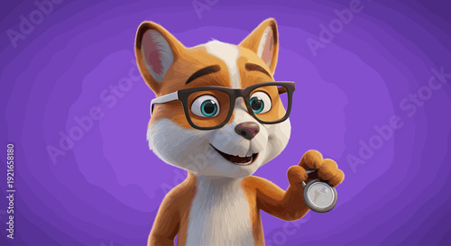 Smart cartoon fox wearing glasses holding global coin