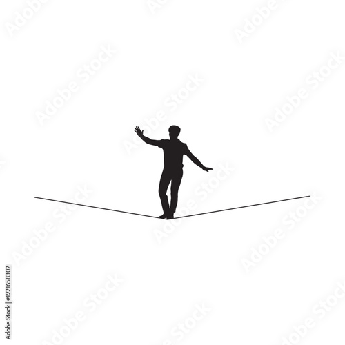 Silhouette of a man carefully balancing on a tightrope against white
