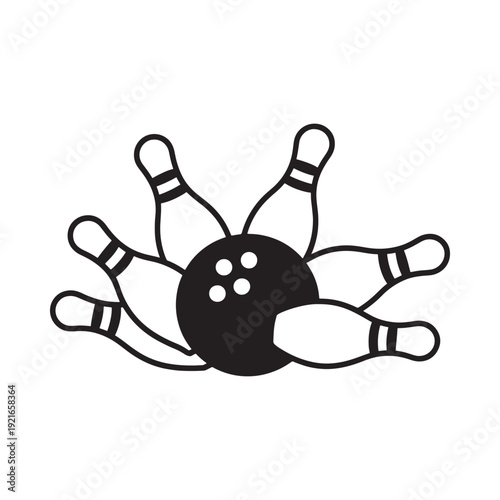 A black and white illustration depicting a bowling strike with pins