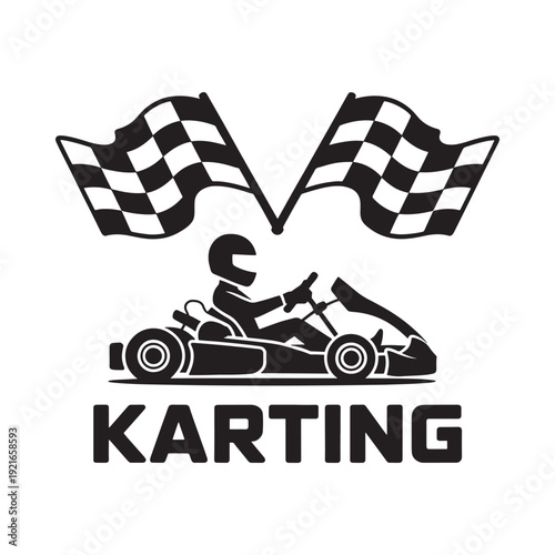 Black and white illustration of a go kart with checkered flags and text