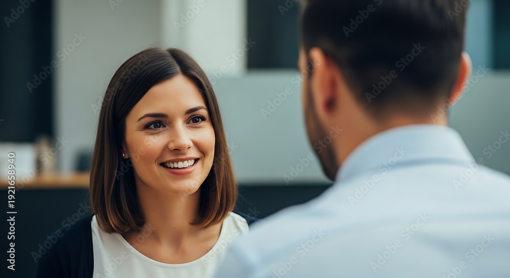 Fototapeta premium A woman smiles as she looks at a man, blurred in the foreground, in a brightly lit office setting
