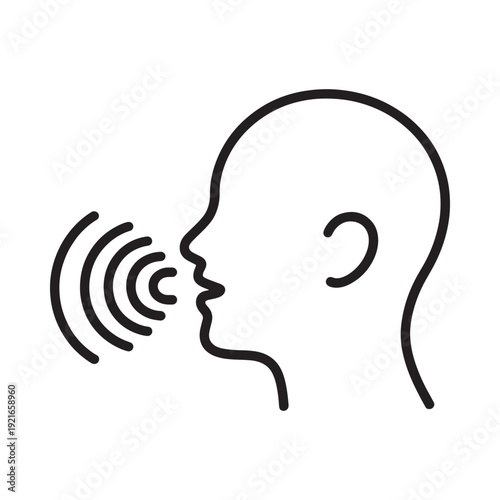 Simple line drawing depicts a head and speech bubbles emanating outwards