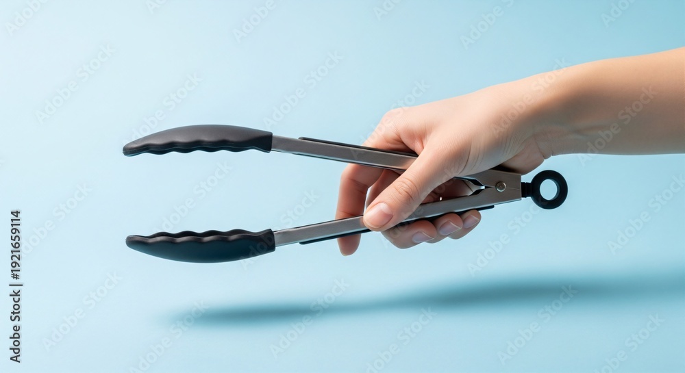 Obraz premium Hand holding black silicone kitchen tongs, gripping position, plain sky blue background.