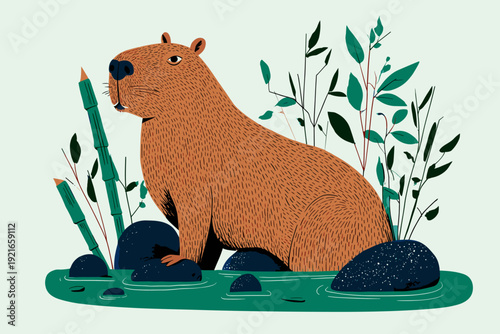 Calm Capybara Relaxing in Hot Spring