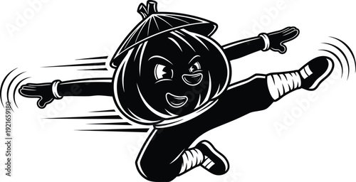 Dynamic ninja pumpkin in mid-air with motion lines