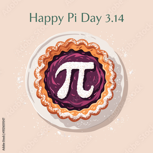 A vibrant blueberry pie with a pi symbol crust, celebrating pi day on march 14th, sprinkled with powdered sugar on a light background