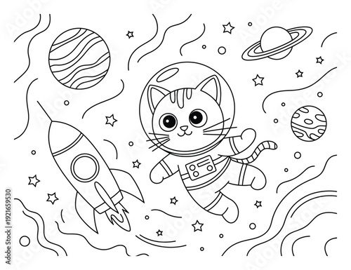 Adorable Cat Astronaut Floats in Space with Rocket and Planets