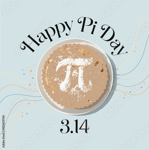 A delightful apple pie with a pi symbol in the center, celebrating pi day on march 14th, dusted with powdered sugar on a blue background