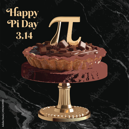 Elegant pi day chocolate tart on golden pedestal stand with golden pi symbol topper and square cocoa chunks on luxury black marble background