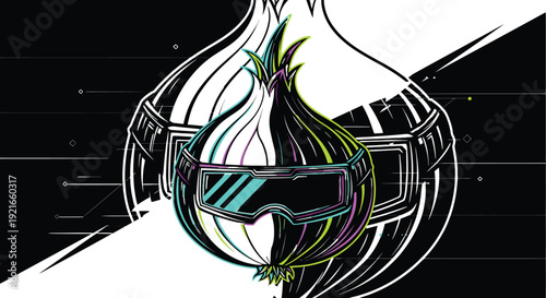 Onion wearing futuristic virtual reality headset in neon lit cyberpunk scene