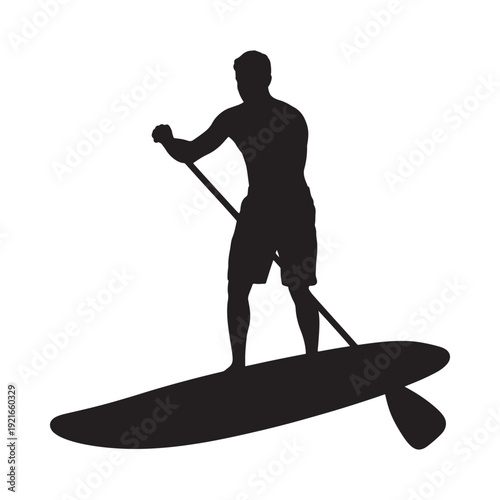 Silhouette of a man paddleboarding on calm water a watersport activity