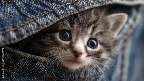 Extreme close-up of a cute kitten peeking out of a denim jeans pocket, curious eyes and soft whiskers, adorable baby animal in blue fabric.