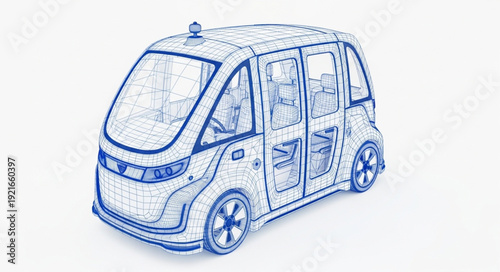 Futuristic autonomous vehicle concept sketch on white background.