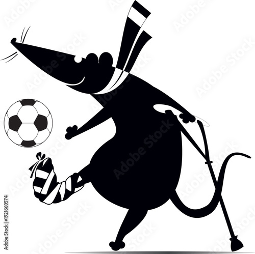 Funny rat or mouse with bandage on the foot and crutch beating football ball