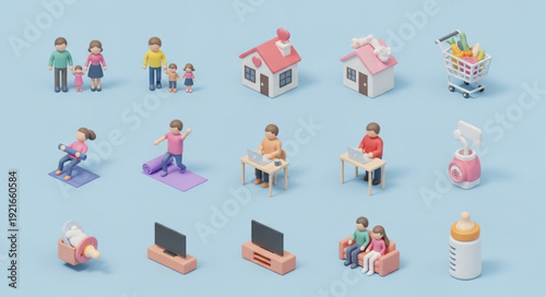 Isometric Icons Representing Family Home and Lifestyle Activities.