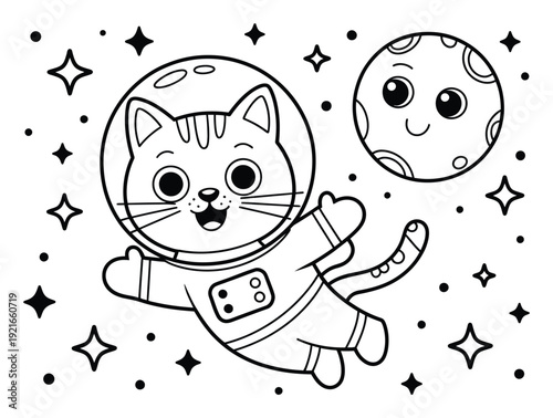 Cute Cat Astronaut Floating in Space with a Happy Moon