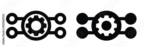 Mechanical network node icon vector. Symbol for industrial IoT connectivity, integrated logic system, engineering gear automation, and digital infrastructure flow. Vector Illustration.
