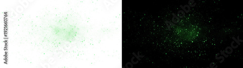 Abstract glowing green dust particles cloud, neon magic powder splash, bright light aura effect texture isolated