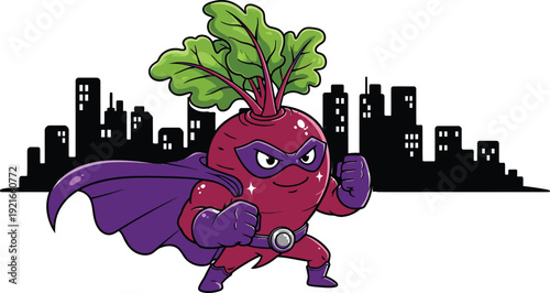 Superhero beetroot character standing strong in cityscape at night