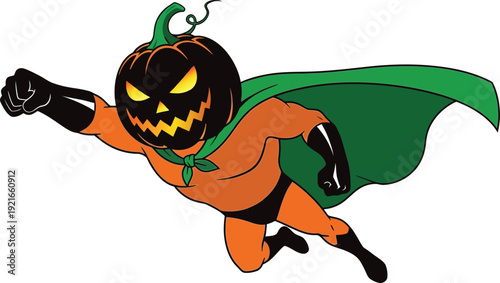 Superhero pumpkin character flying through air with cape