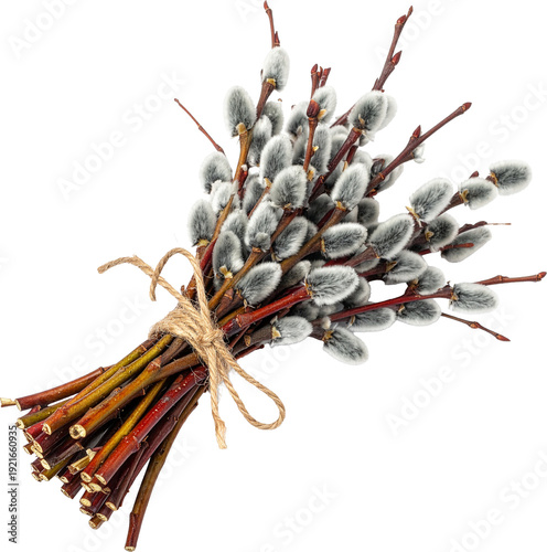 Bunch of Spring Pussy Willow Branches Tied with Twine Isolated